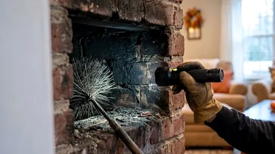 Technician inspecting a fireplace firebox in a Genoa Township home