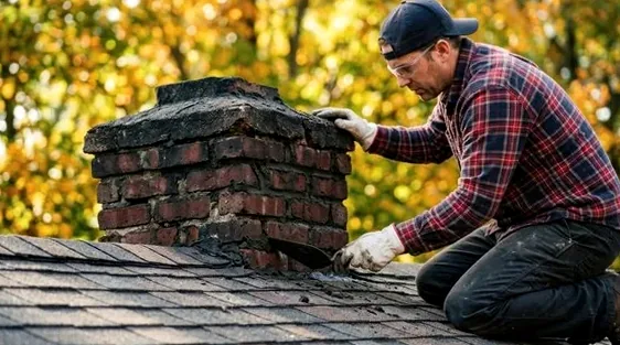 Mason restoring the top of an older brick chimney in Uptown Westerville